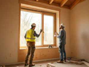 Vakman inspecteert houten raamkozijn in Nederlandse woning tijdens bouw, gereedschap op vloer, natuurlijk licht