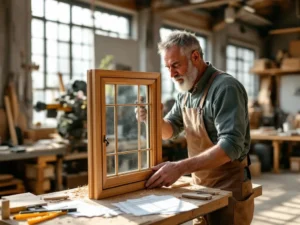 Ambachtsman onderzoekt houten raamkozijn met prijslijsten op werktafel in Nederlandse werkplaats