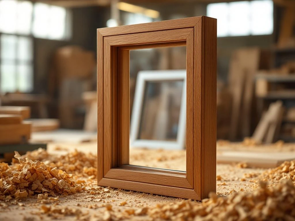 Houten raamkozijn met natuurlijke houtnerf en honingkleurige afwerking in traditionele Nederlandse werkplaats