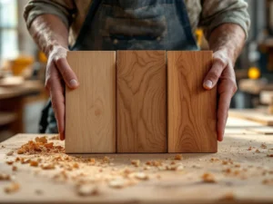 Ambachtsman toont houtmonsters van eiken, mahonie en meranti met natuurlijke nerftexturen in Nederlandse werkplaats