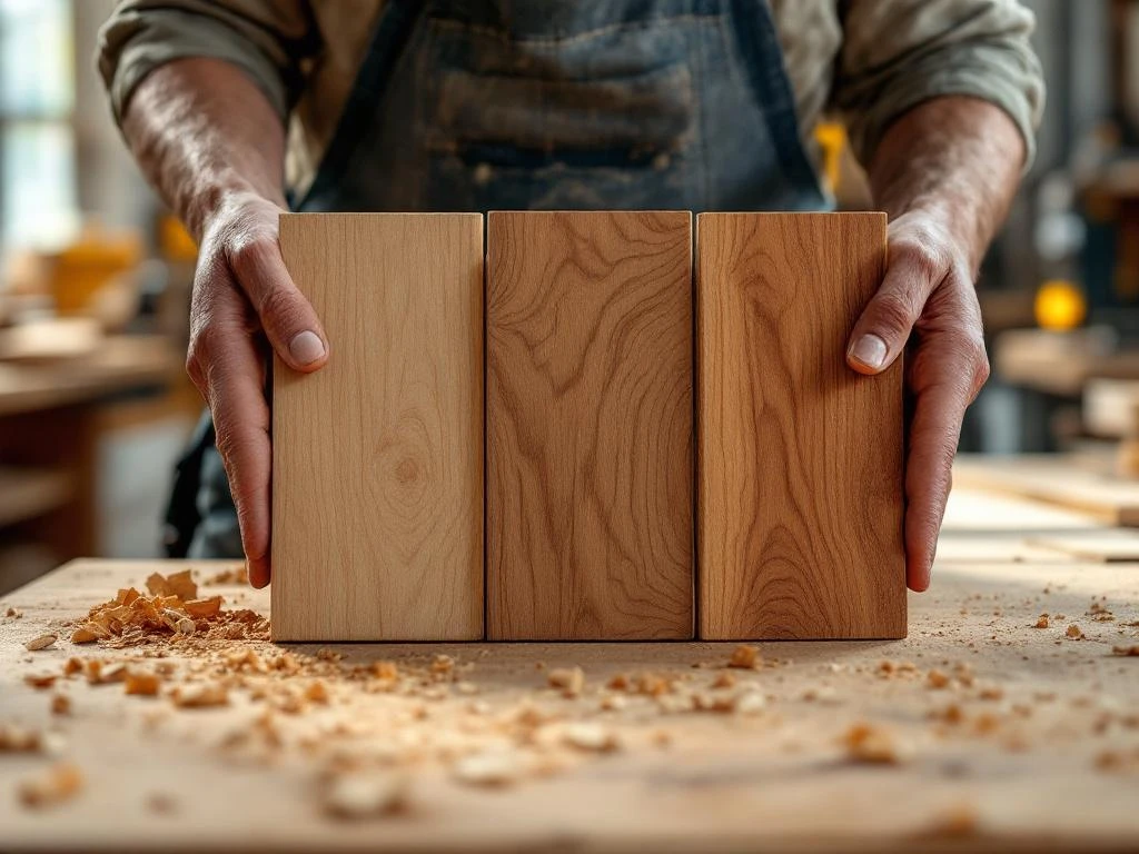 Ambachtsman toont houtmonsters van eiken, mahonie en meranti met natuurlijke nerftexturen in Nederlandse werkplaats