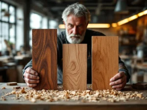 Ambachtsman onderzoekt drie houtsoorten mahonie, eiken en meranti op werkbank in Nederlandse werkplaats