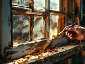 Ambachtsman brengt houtbeits aan op verweerd houten raamkozijn met penseel in werkplaats met gereedschap