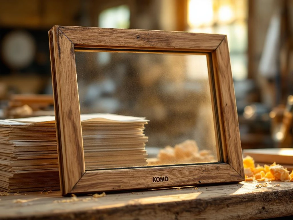 Verweerd houten raamkozijn met KOMO certificeringszegel op ambachtelijke werkbank in warme fabriekslicht