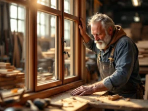 Ambachtsman inspecteert handgemaakte houten kozijn van mahoniehout in traditionele werkplaats met gereedschap