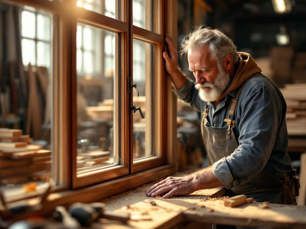 Ambachtsman inspecteert handgemaakte houten kozijn van mahoniehout in traditionele werkplaats met gereedschap