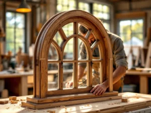 Vakman meet op maat gemaakte houten kozijn met krompassers in Nederlandse timmerfabriek, meranti hout met gebogen roeden