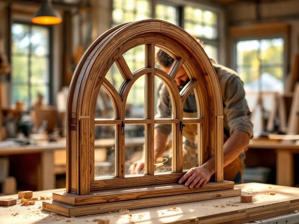 Vakman meet op maat gemaakte houten kozijn met krompassers in Nederlandse timmerfabriek, meranti hout met gebogen roeden