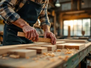 Timmerman meet houten kozijn met liniaal in Nederlandse timmerfabriek, FSC-gecertificeerd hout op werkbank