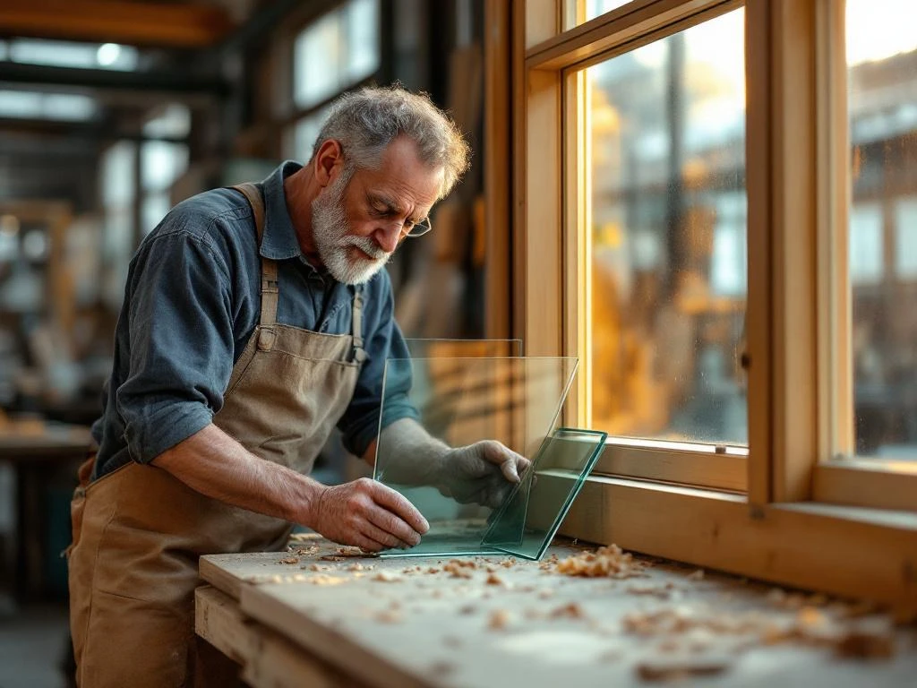 Ambachtsman onderzoekt glasmonsters in houten kozijn met triple-glas HR++ in Nederlandse werkplaats met natuurlijk licht