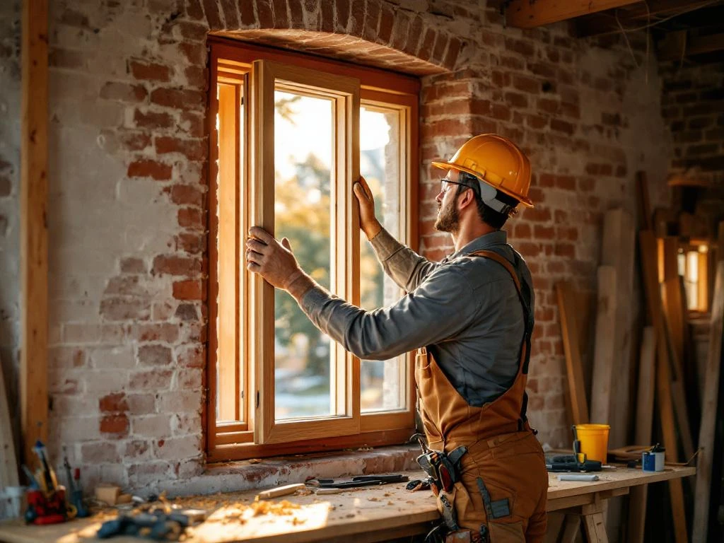 Vakman installeert houten kozijn in bakstenen muur, gereedschap op werkbank, natuurlijk licht door raam