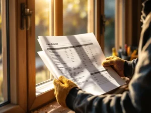 Ambachtsman bekijkt kostenraming bij nieuw geïnstalleerd houten raamkozijn met gereedschap op werkbank