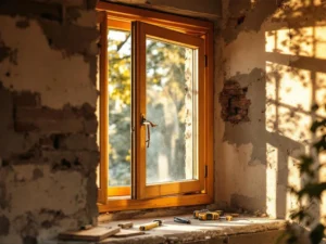 Vakman installeert traditioneel houten raamkozijn in gedeeltelijk gerenoveerd Nederlands huis met bakstenen muren