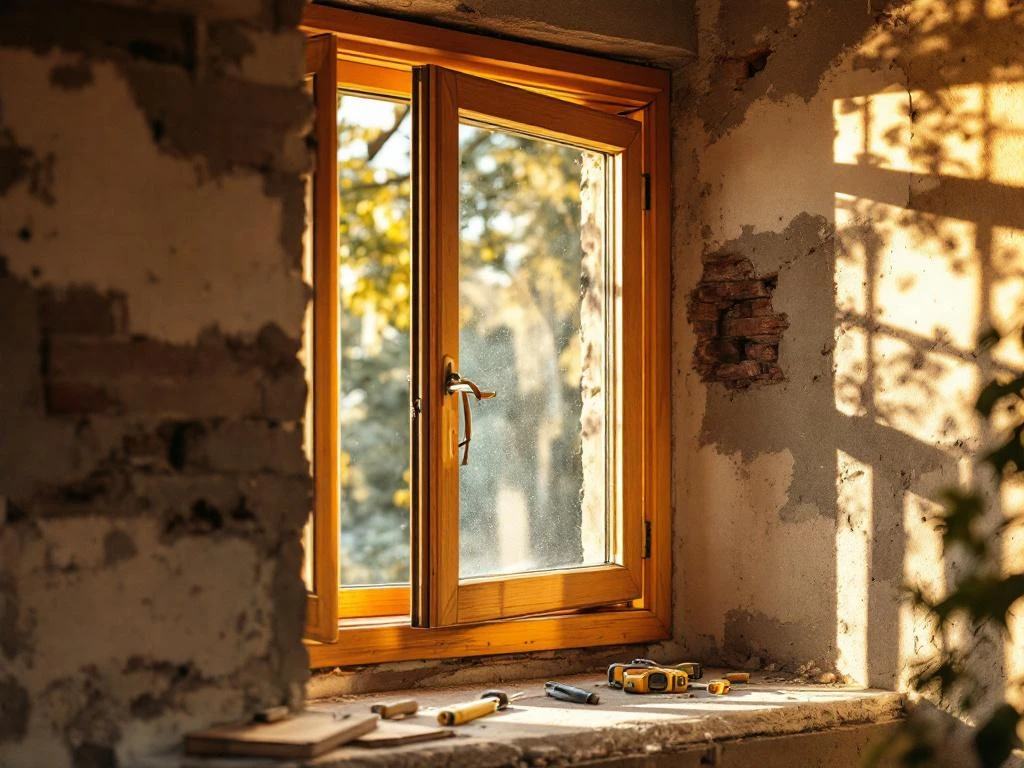 Vakman installeert traditioneel houten raamkozijn in gedeeltelijk gerenoveerd Nederlands huis met bakstenen muren