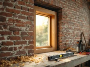 Ambachtsman installeert houten kozijn in bakstenen muur, gereedschap en zaagsel zichtbaar op werkbank