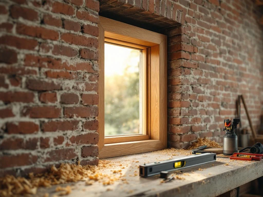 Ambachtsman installeert houten kozijn in bakstenen muur, gereedschap en zaagsel zichtbaar op werkbank