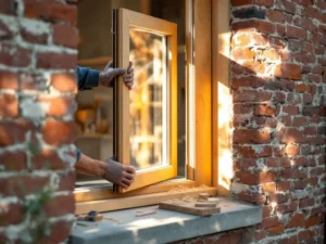 Vakman installeert houten raamkozijn in traditioneel Nederlands bakstenen huis, gereedschap en houtkrullen zichtbaar