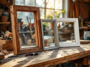 Drie raamkozijnen van hout, aluminium en PVC op een verweerde timmerwerkbank met gereedschap en houtkrullen