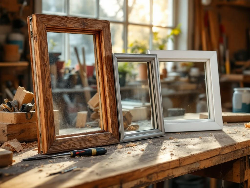 Drie raamkozijnen van hout, aluminium en PVC op een verweerde timmerwerkbank met gereedschap en houtkrullen