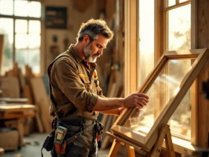 Timmerman inspecteert handgemaakte houten raamkozijn in werkplaats met gereedschap en natuurlijk licht