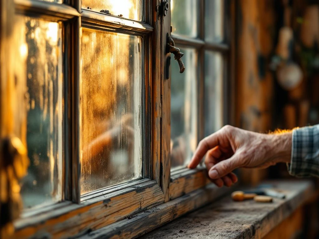 Verweerde houten raamkozijn met natuurlijke patina, ambachtsmanshand beoordeelt houtstructuur in warme daglichtsetting