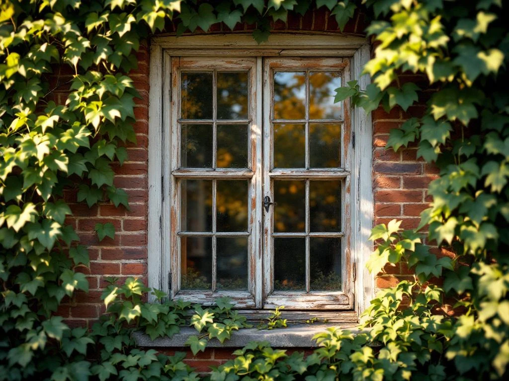 Verweerd houten raam in traditioneel Nederlands bakstenen huis met klimop, warme middagzon toont houtnerf