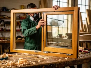 Timmerman plaatst driedubbel beglazing in houten kozijn, houtkrullen op werkplaatsvloer, natuurlijk daglicht.