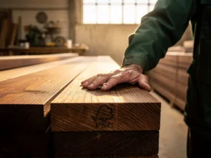 FSC-gecertificeerde meranti planken in Nederlandse timmerwerkplaats, ambachtsman legt verweerde hand op houtnerf met zichtbaar FSC-stempel.