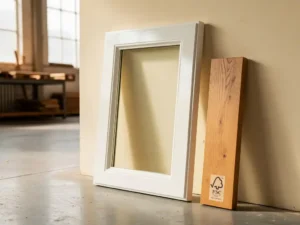 Gelakt houten kozijn leunend tegen crème werkplaatsmuur, fijne houtnerf zichtbaar onder witte afwerking, FSC-gecertificeerd plank ernaast.