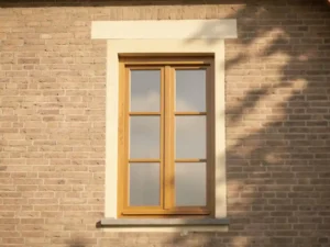 Nieuw geplaatst houten kozijn met eiken nerf in gepleisterde Nederlandse bakstenen gevel, warm herfsttlicht, oog-niveau perspectief.