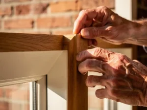 Verweerde handen inspecteren houtnerf en verfafwerking van een houten kozijnhoek, met warme eikentinten en cremewitte verf.