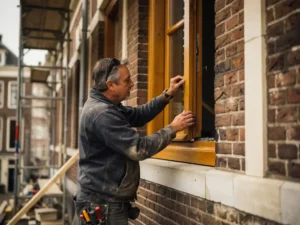 Vakman plaatst een op maat gemaakt eikenhouten kozijn in de bakstenen muur van een historisch Nederlands monumentaal pand.