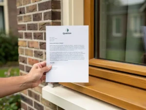Hand met offerte voor houten kozijn naast nieuw geplaatst eikenhouten raamkozijn in Nederlandse bakstenen gevel.
