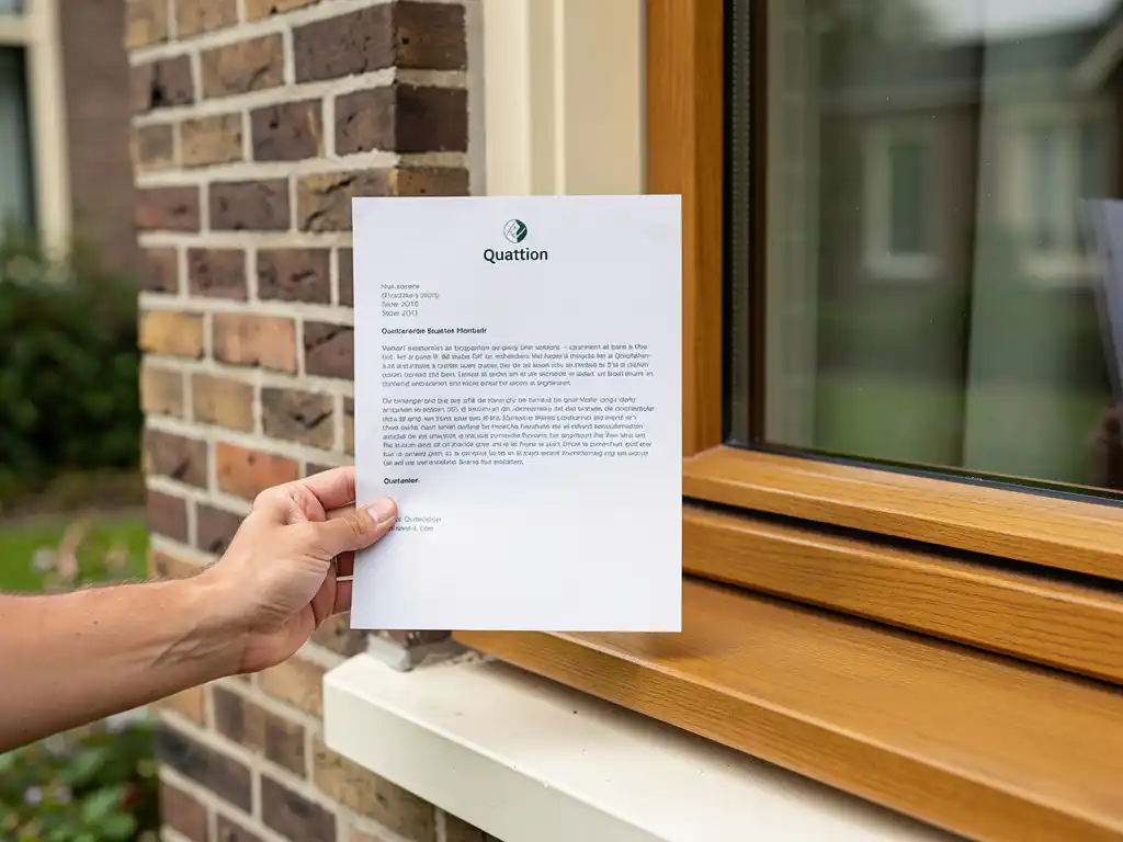 Hand met offerte voor houten kozijn naast nieuw geplaatst eikenhouten raamkozijn in Nederlandse bakstenen gevel.