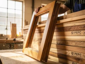 Vers gefreesd houten kozijn tegen PEFC-gecertificeerde houten planken in Nederlandse timmerwerkplaats, met zichtbare houtnerf in warm daglicht.