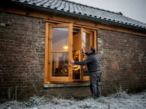 Vakman plaatst houten kozijn in bakstenen gevel van Nederlandse woning, warme amberkleurige gloed door glas, winters landschap op achtergrond.