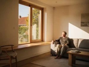 Houten kozijn met HR++-glas in Nederlandse woonkamer, warme middagzon op eiken vensterbank, crèmewitte muren.