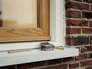 Nieuw geplaatst houten kozijn in Nederlandse bakstenen gevel met meetlint en potlood op de vensterbank.