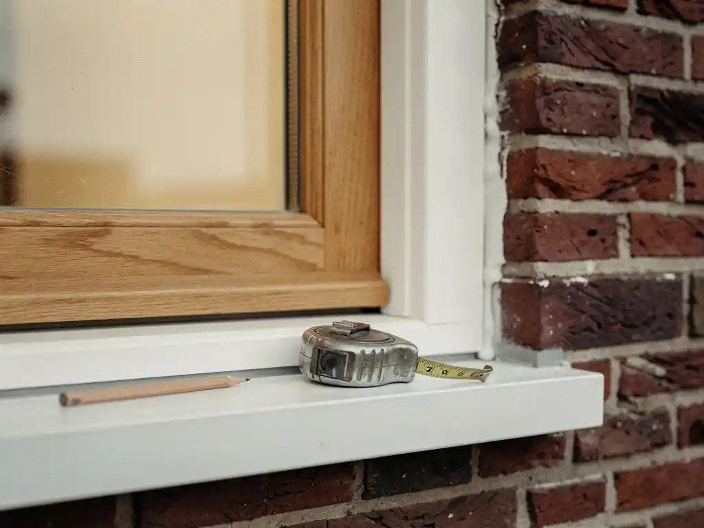Nieuw geplaatst houten kozijn in Nederlandse bakstenen gevel met meetlint en potlood op de vensterbank.