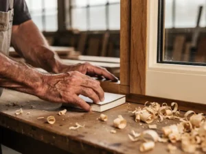 Ervaren timmerman houdt meetnotities naast een vers gefreesd houten kozijn op werkbank, eiken houtnerven zichtbaar.