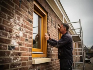 Aannemer inspecteert nieuw geplaatst houten kozijn in gerenoveerde bakstenen Nederlandse rijtjeswoning met steigers op de achtergrond.
