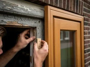 Vakman die houten kozijn plaatst in bakstenen gevel, verweerd oud frame naast vers geschilderd nieuw kozijn, natuurlijk daglicht.