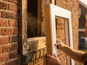 Verweerde houten kozijn wordt verwijderd uit bakstenen gevel, met nieuw eikenhouten vervangkozijn ertegenaan geleund.