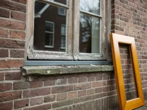 Verweerde houten kozijnen in klassieke Nederlandse bakstenen gevel, met een nieuw eikenhouten vervangkozijn ertegenaan geleund.