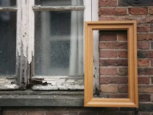 Verrot houten kozijn met afbladderende verf in Nederlandse bakstenen gevel, nieuw eiken vervangingskozijn leunend tegen de muur.