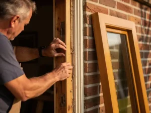 Vakman verwijdert oud houten kozijn uit Nederlandse bakstenen gevel, nieuw vervangingskozijn leunt tegen de muur.