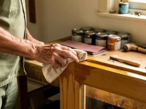 Ervaren hand die lijnolie aanbrengt op een geschuurd eikenhouten kozijn, warme houtnerf in zachte daglichtsfeer van Nederlandse werkplaats.
