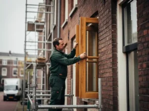 Bouwvakker in groen werkpak plaatst houten kozijn in bakstenen gevel van Hollands rijtjeshuis, steigers op achtergrond.