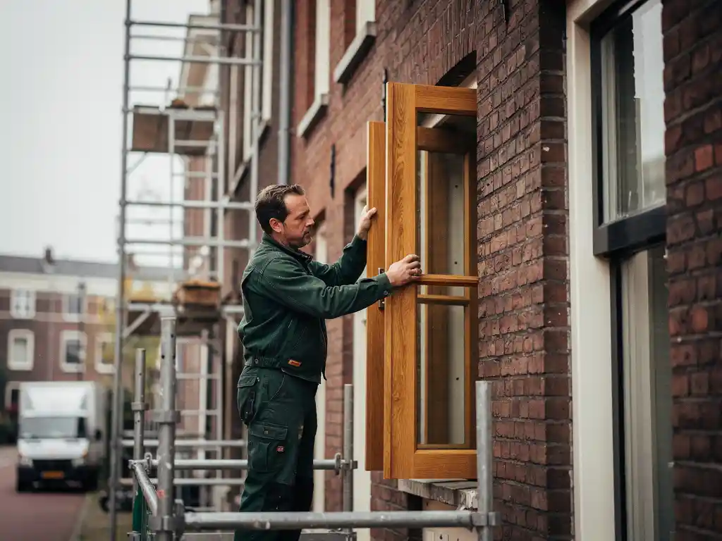 Bouwvakker in groen werkpak plaatst houten kozijn in bakstenen gevel van Hollands rijtjeshuis, steigers op achtergrond.