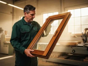 Vakman in groen werkpak inspecteert vers gefreesd houten kozijn in klimaatgecontroleerde timmerfabriek met natuurlijk daglicht.
